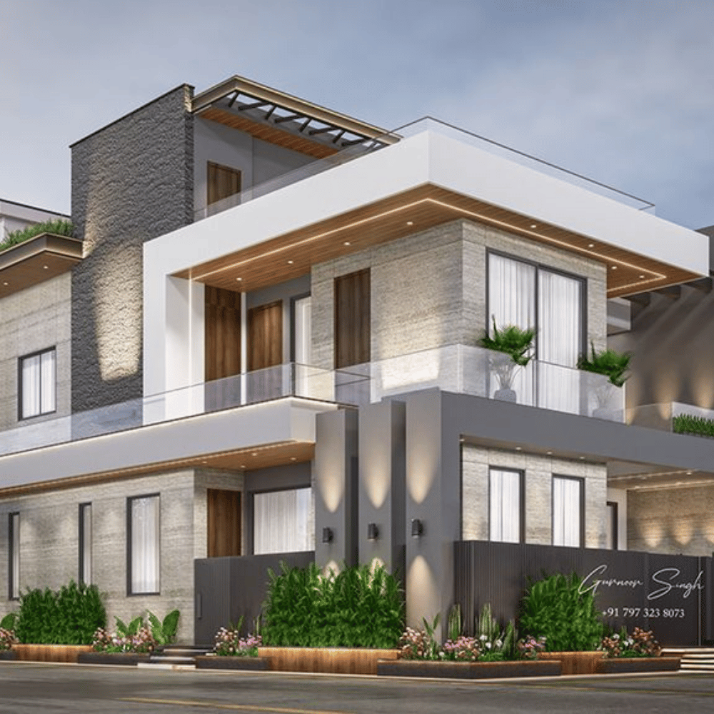 3D exterior rendering contemporary villa home construction in Greater Noida