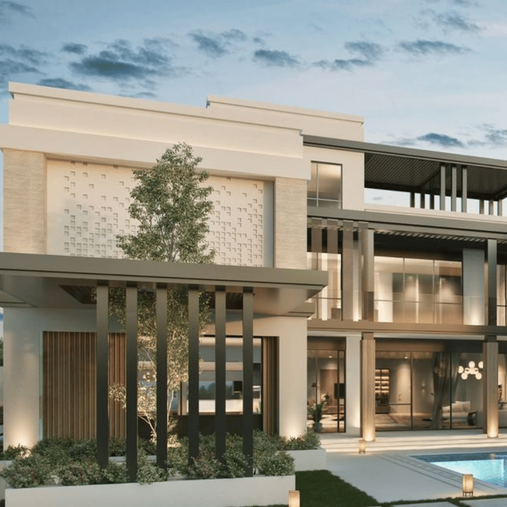 Dusk 3D rendering of a luxury villa in Greater Noida, showcasing illuminated pergolas, floor-to-ceiling windows, textured stone accents, and a poolside terrace