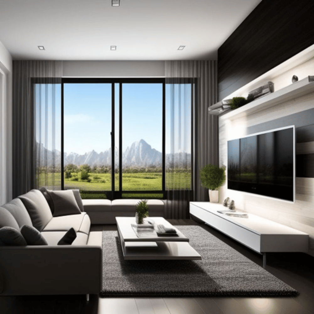 Modern living room interior design in Greater Noida with sectional sofa, minimalist media wall, floor-to-ceiling windows overlooking mountain landscape, and neutral décor accents