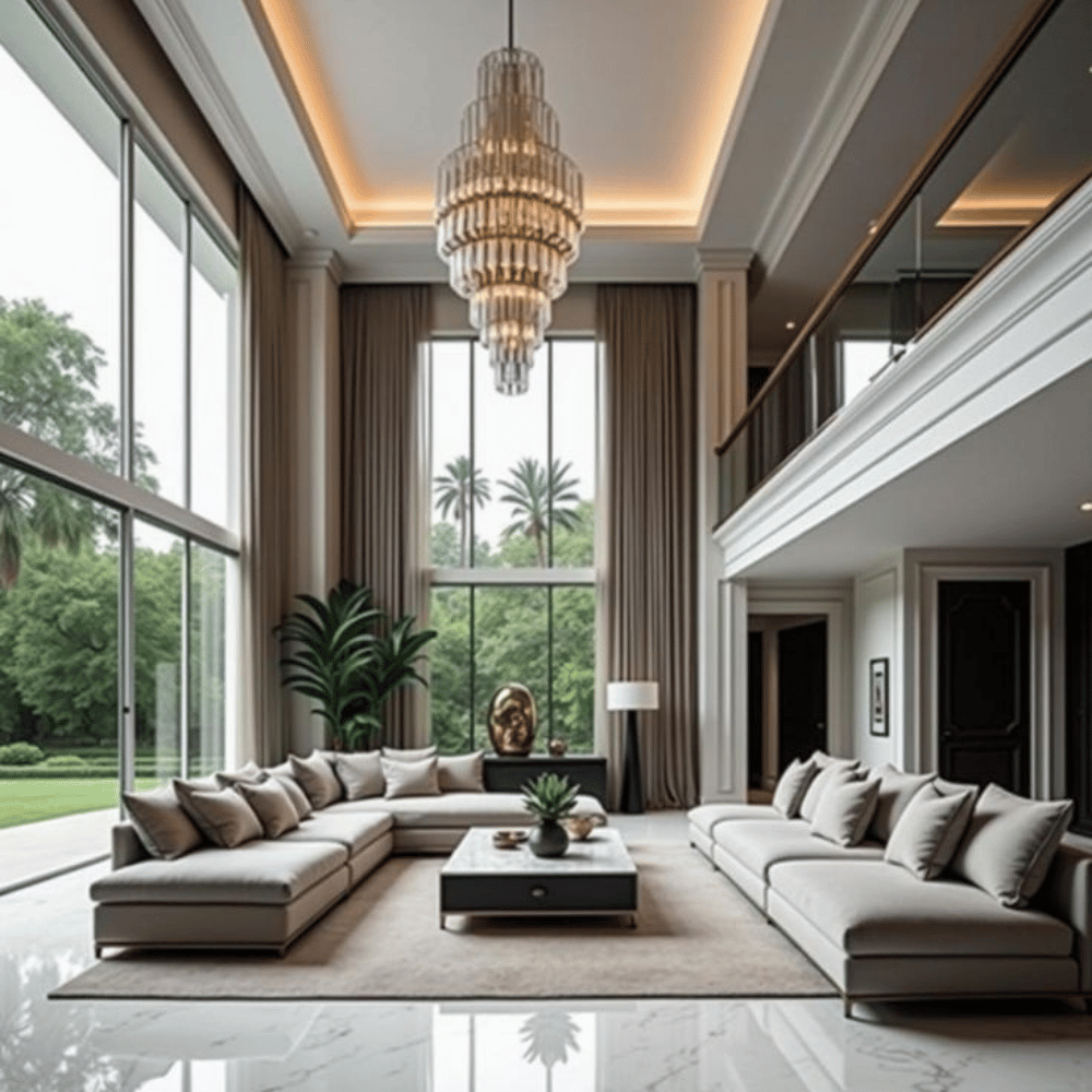 double height luxury living room interior design Greater Noida
