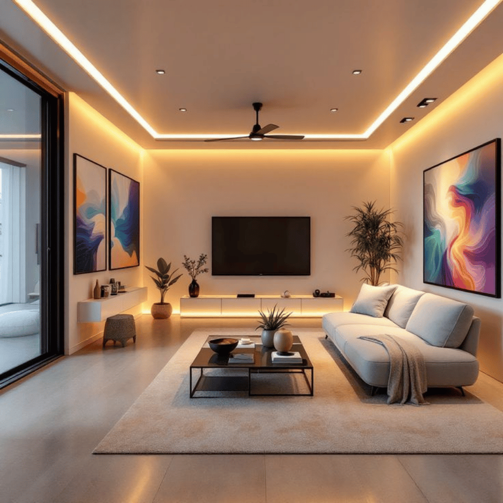 Contemporary living room interior in Greater Noida with LED cove lighting, minimalist sofa, abstract wall art, floating media console, and glass sliding balcony doors