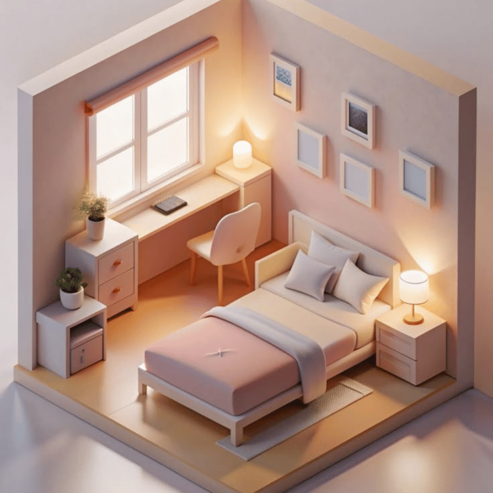 3D isometric view of a modern bedroom interior design in Greater Noida with pastel décor, window-side study desk, low-profile bed, and ambient bedside lighting