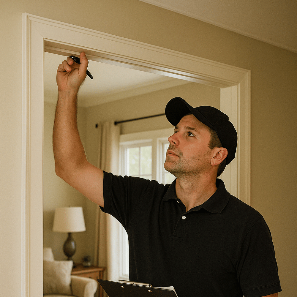 Home inspector in a living room checking ceiling corner with clipboard during interior exam in Greater Noida