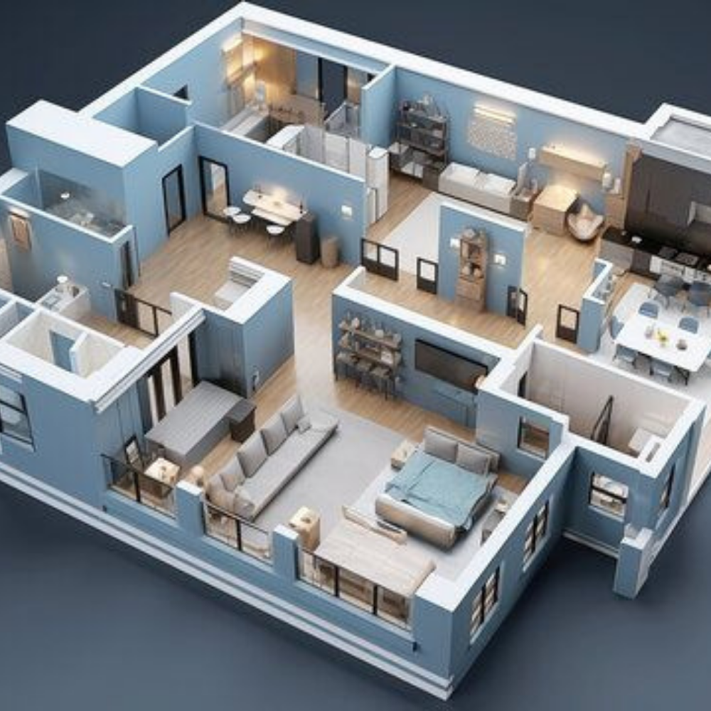 3D rendered floor plan of a contemporary two-bedroom apartment interior design in Greater Noida, featuring an open-plan living area, modular kitchen, master bedroom with balcony, and a dedicated workspace"