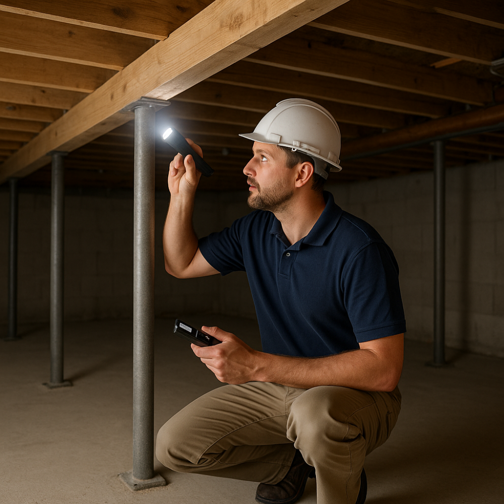 Inspector kneeling in a basement shining a flashlight on wooden beams and recording measurements during structural assessment in Greater Noida.