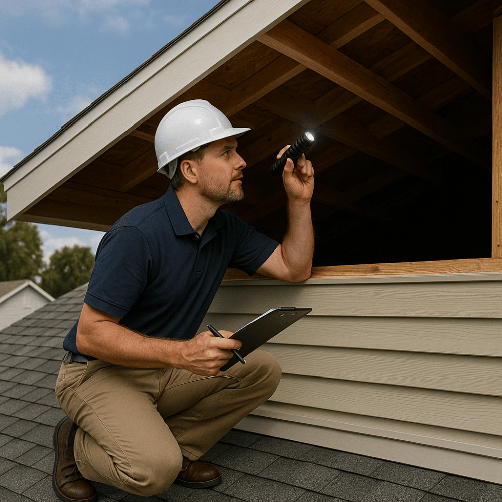 Home inspector on roof shining flashlight into attic opening and holding clipboard during roof & attic inspection in Greater Noida.