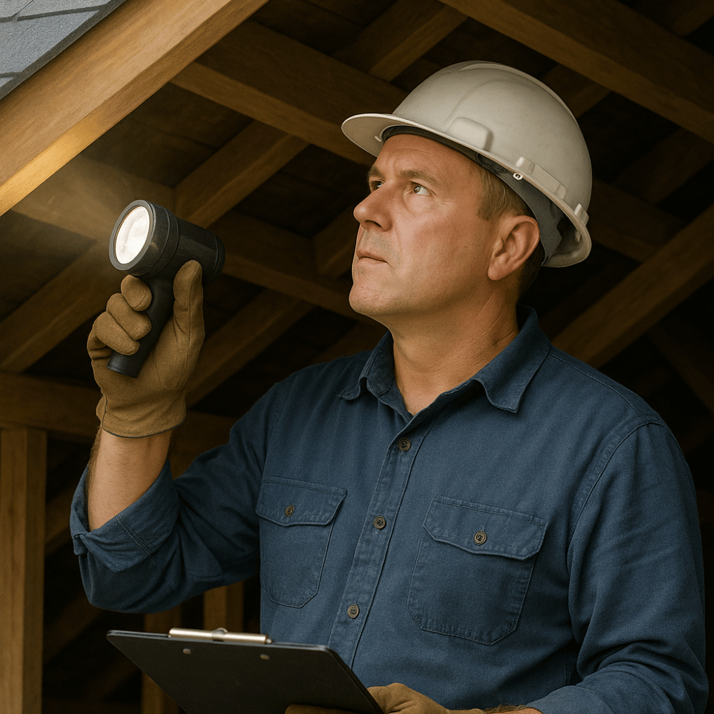 Inspector performing a roof and attic check during a house inspection in Noida, shining a flashlight on wooden rafters