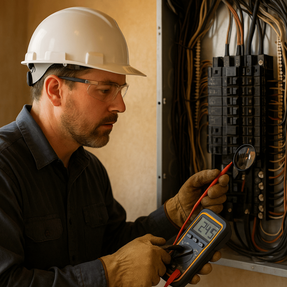 House Inspection in Noida electrical systems safety check: licensed electrician probes circuits in an open electrical panel