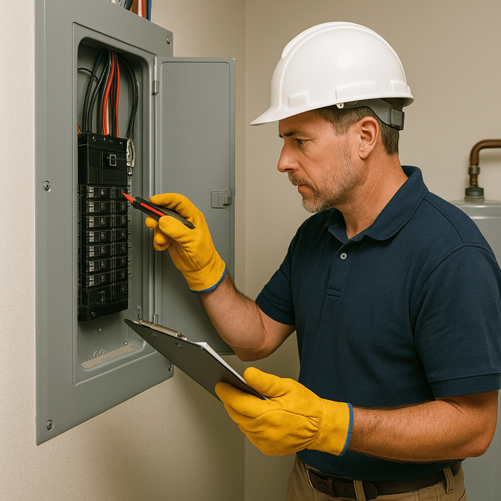 Inspector wearing gloves and hard hat testing electrical breaker panel with voltage tester and clipboard during electrical systems check in Greater Noida.