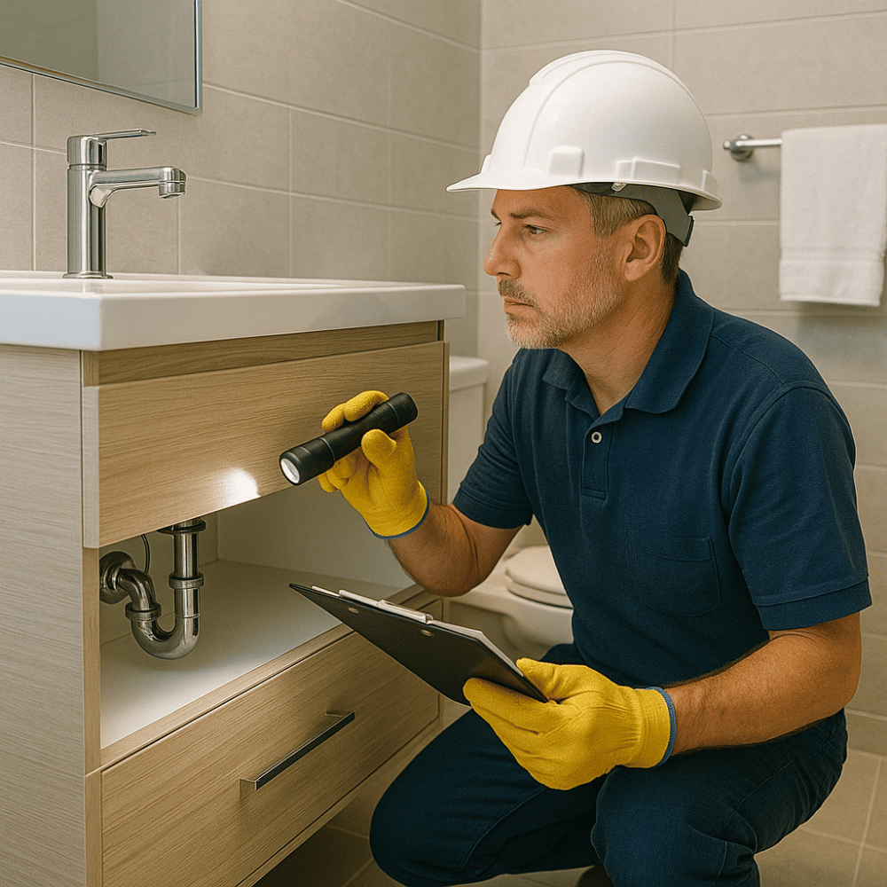 A certified inspector examines the sink’s plumbing and fixtures with a flashlight and clipboard during a thorough plumbing review.