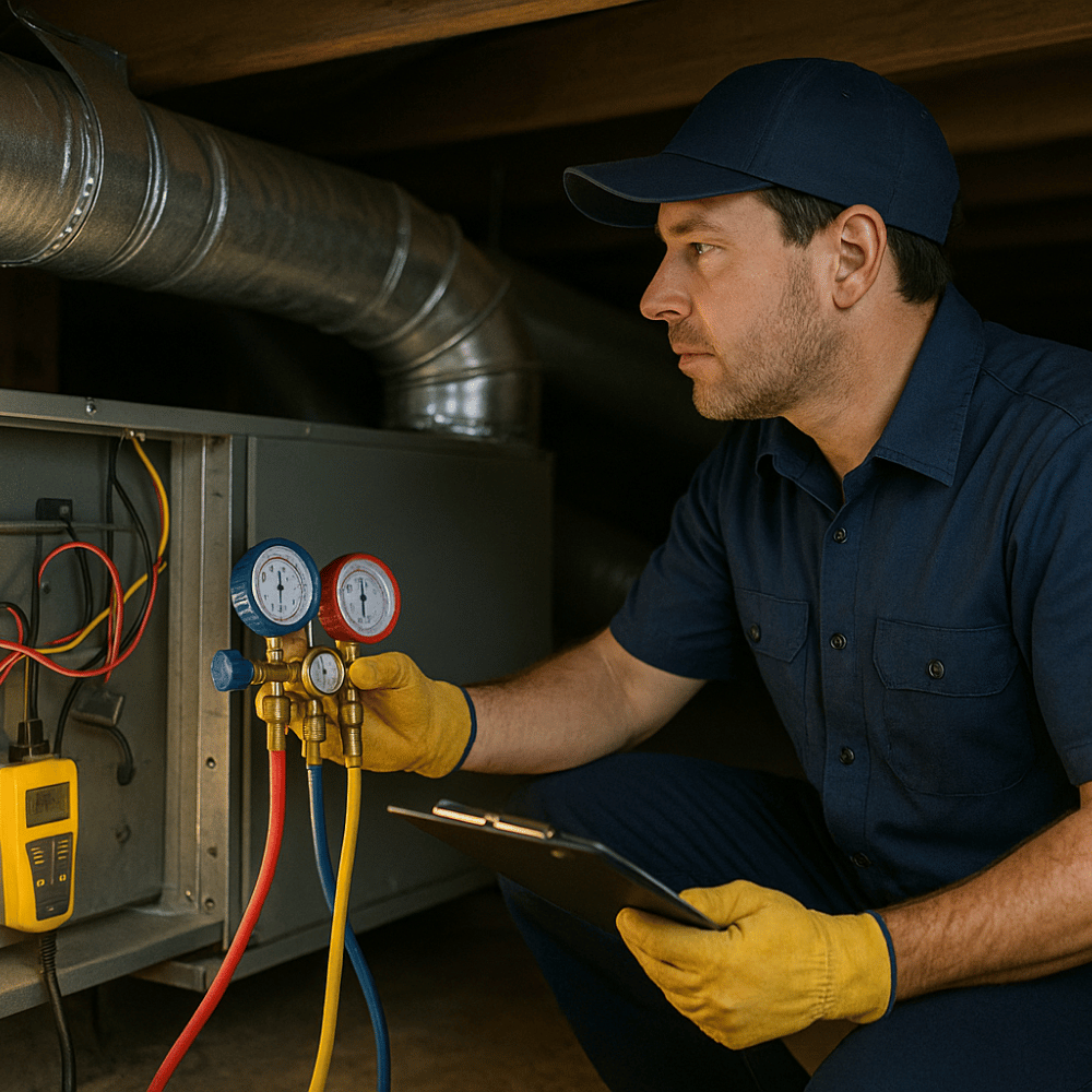 A skilled technician measures refrigerant pressures and inspects the air handler in a crawl space, using gauges, a multimeter, and a diagnostic work light