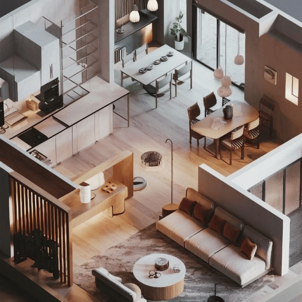 alt="3D rendered open-plan living, dining, and modular kitchen interior design in Greater Noida, showcasing modern furnishings, a kitchen island, and panoramic windows"