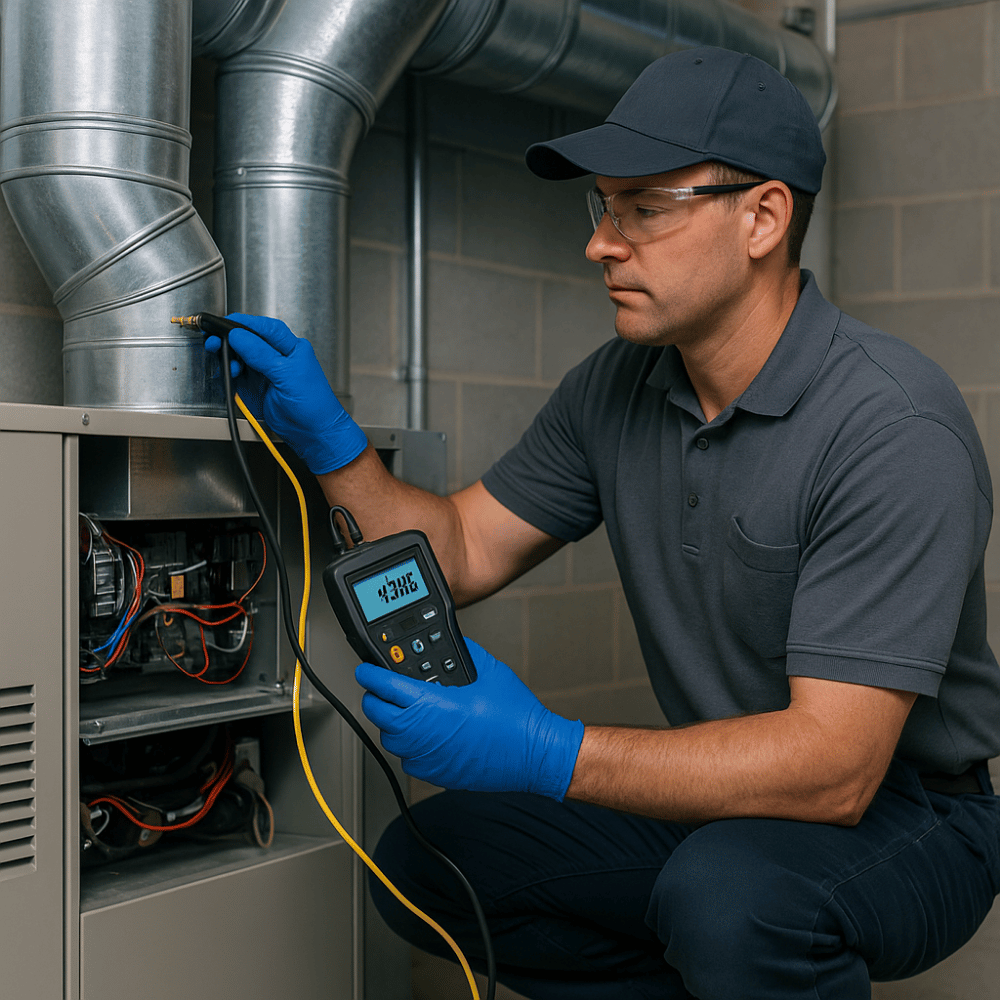 Technician performing an HVAC Performance Evaluation during a house inspection in Noida, measuring duct pressure with a digital manometer