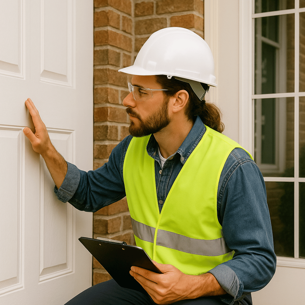 Certified home inspector checks the alignment and seal of a front door threshold during a detailed interior & exterior exam in Greater Noida.