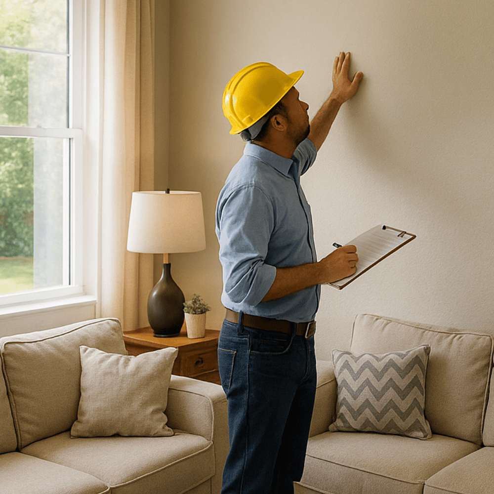Home inspector in a living room corner inspecting interior wall with clipboard and hard hat.