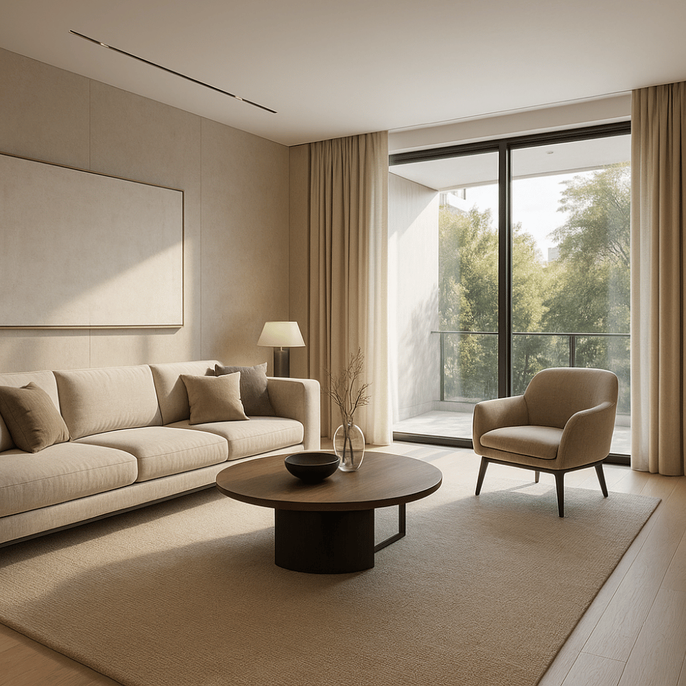 Photorealistic 3D rendering of a modern living room with floor-to-ceiling windows, neutral furnishings, and natural light