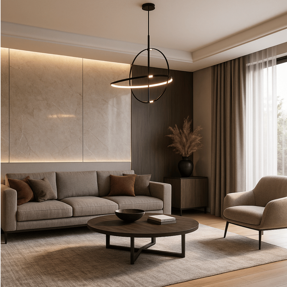 Photorealistic 3D rendering of a modern living room interior with a gray sofa, round wood coffee table, marble accent wall, and contemporary chandelier, by Aarna Constructions & Interiors.