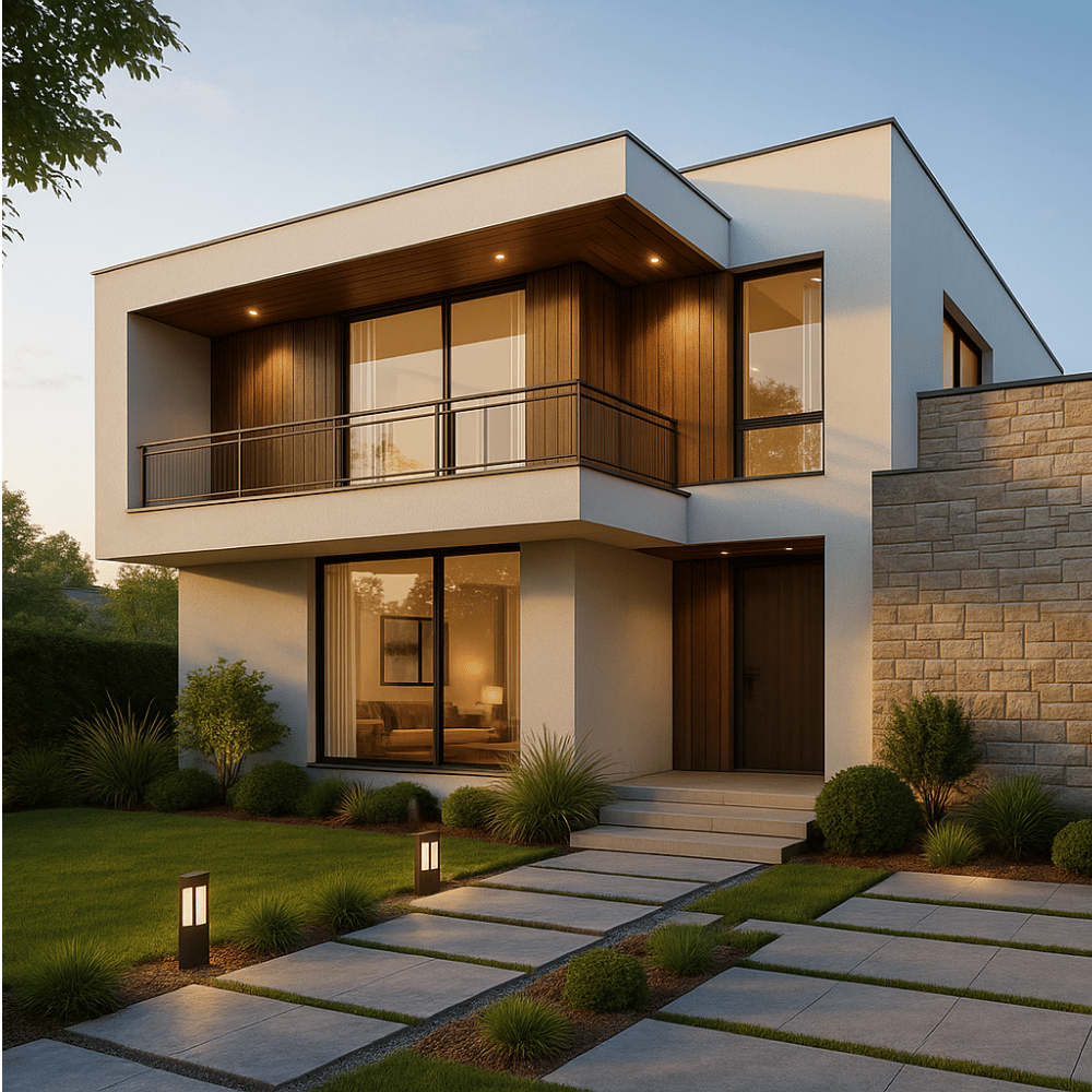 photorealistic rendering of modern two-story home exterior