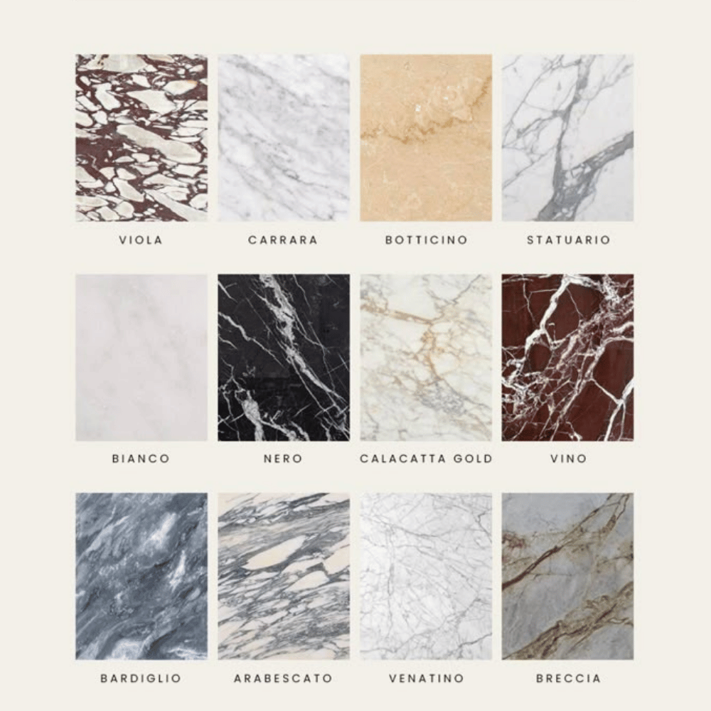 Grid of twelve marble and stone finish samples labeled Viola, Carrara, Botticino, Statuario, Bianco, Nero, Calacatta Gold, Vino, Bardiglio, Arabescato, Venatino, and Breccia