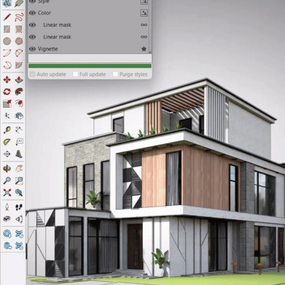 Screenshot of SketchUp UI showing toolbars and style panels next to a 3D rendered model of a modern two-story villa with wood cladding, concrete walls, glass balustrades, and rooftop planters.
