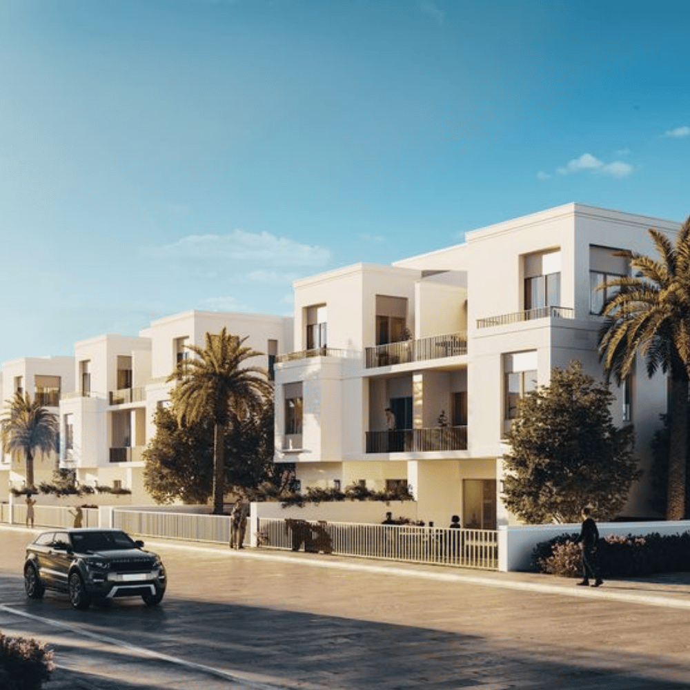Photorealistic rendering of a row of modern white villas with balconies, palm trees, and a luxury SUV parked on the street under a blue sky