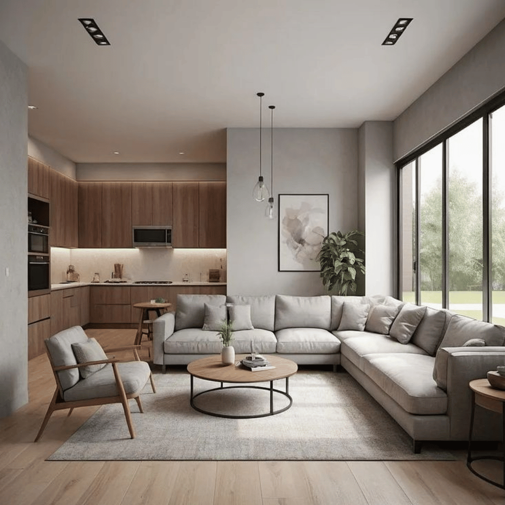 modern open-concept living room and kitchen
