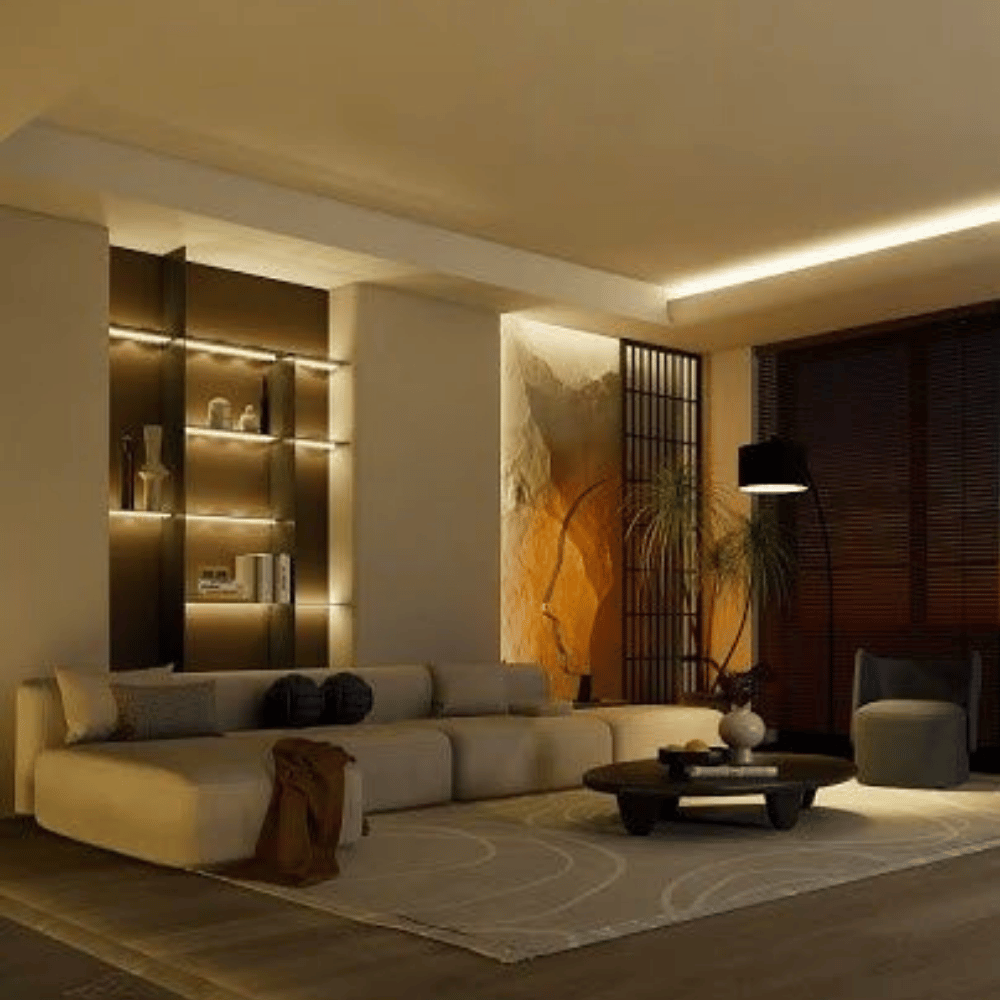 Photorealistic interior render of a modern living room with a beige sectional sofa, round coffee table, backlit shelving, and warm ambient lighting