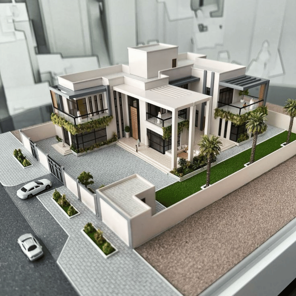 3D rendered architectural model of a luxury modern villa in Greater Noida, showcasing white and charcoal façade, cantilevered balconies with greenery, glazed terraces, and landscaped driveway