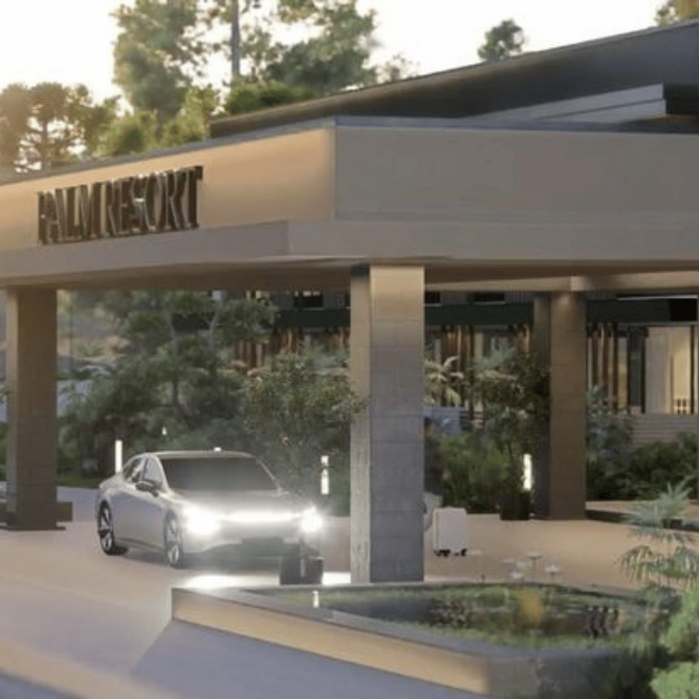 photorealistic 3D rendering of resort entrance pavilion