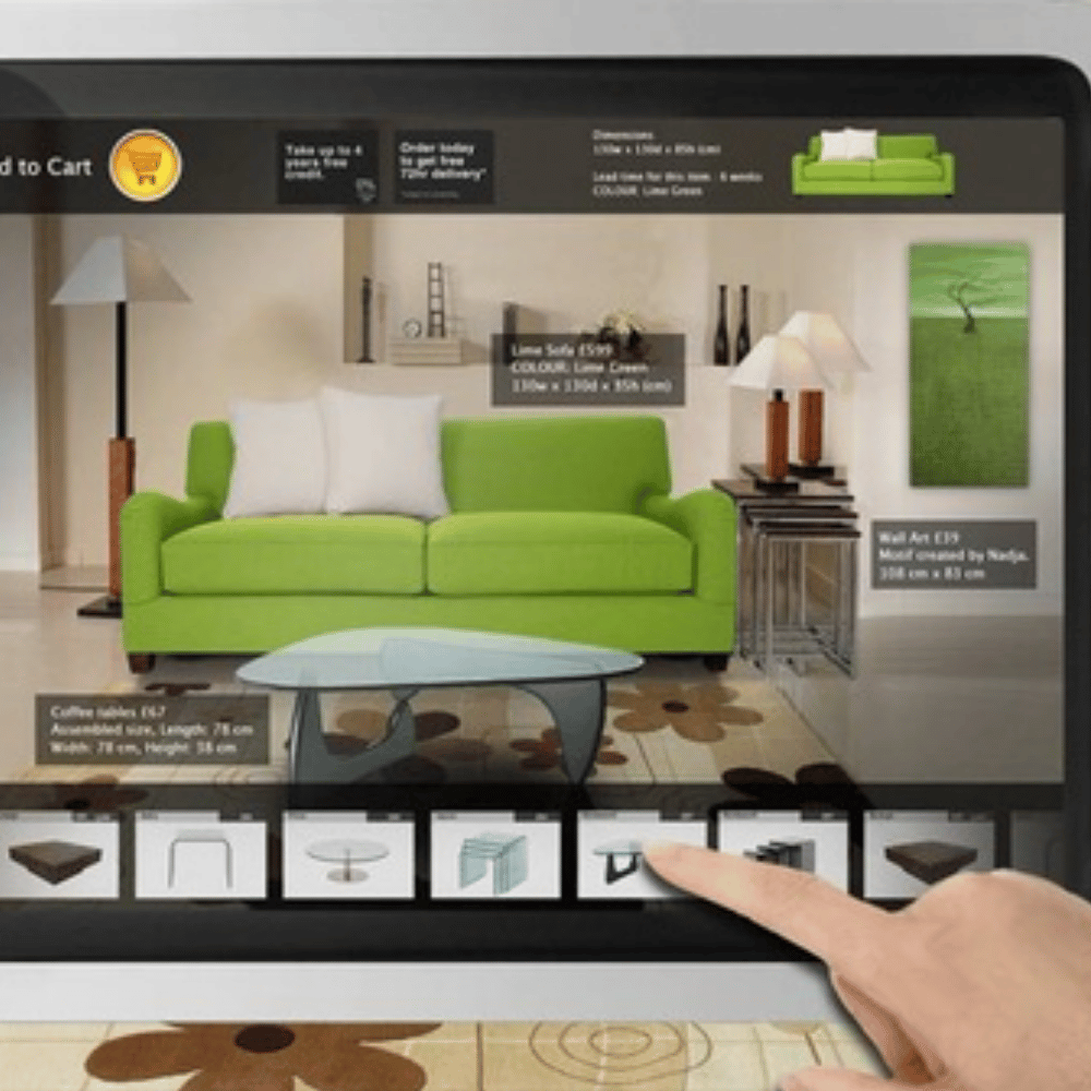 tablet AR interface overlaying green sofa and coffee table