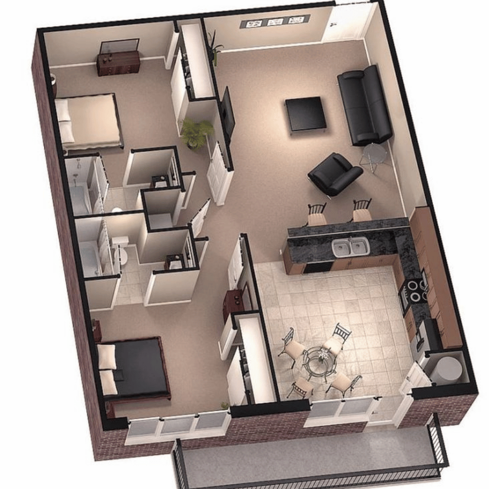 Three-dimensional floor plan of a two-bedroom apartment showing an open kitchen with island, dining area, living room, two bathrooms, master bedroom, second bedroom, and balcony.