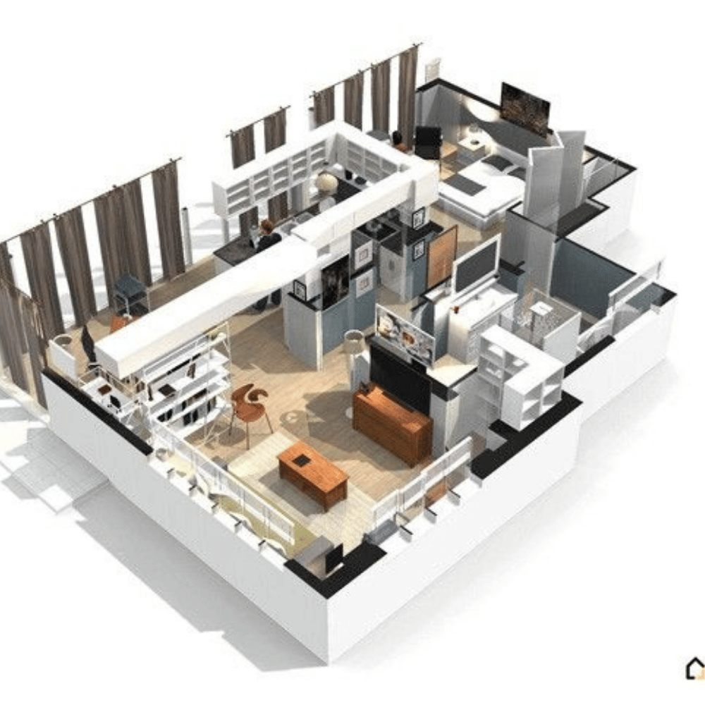 3D floor plan of one-bedroom condo with open living area