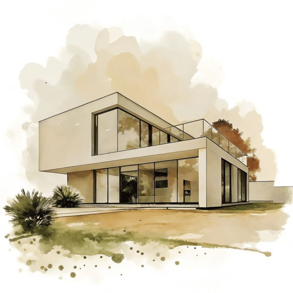 "watercolor rendering of modern villa architecture in Greater Noida"